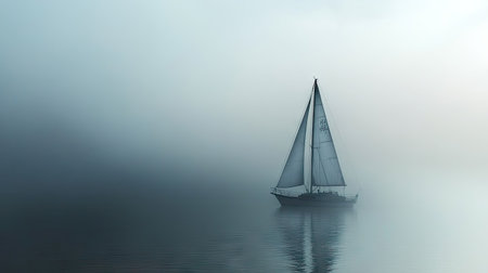 Sailboat on a misty morning, with fog creating a serene atmosphere and space for text.の素材
