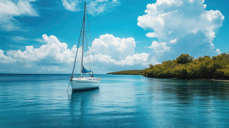 Sailboat anchored in a quiet bay, with the sky and water offering ample room for copy.の素材
