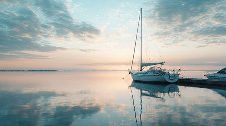Sailboat docked at a marina, with a peaceful sky and still water offering room for copy.の素材