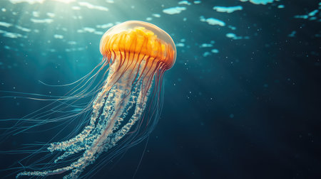 Jellyfish moving gracefully in the ocean current, with the sea depth offering space for text.の素材