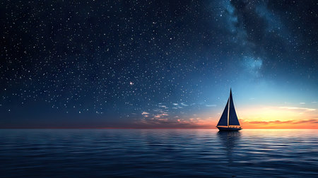 Sailboat drifting under a clear night sky filled with stars, with open water for copy space.の素材