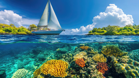 Sailboat anchored near a coral reef, with vibrant waters and room in the sky for copy.の素材