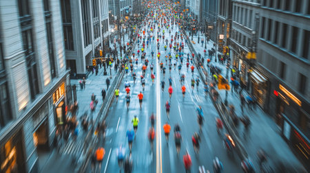 Marathon runners passing through a city street, viewed from above with buildings and crowd.の素材