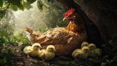 Mother hen resting under a tree with her chicks nestled close, with room in the background for copy.の素材