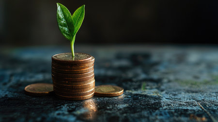 Stacked coins with a green plant sprouting on top, symbolizing growth, with copy space.の素材