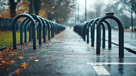 Empty bike racks at a bike-sharing station, with plenty of negative space for text on the pavement.の素材