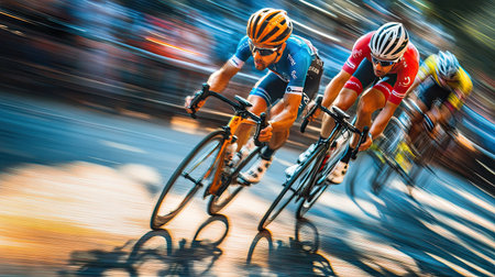 Cyclists taking a sharp corner in a race, leaning in with speed and precision.の素材