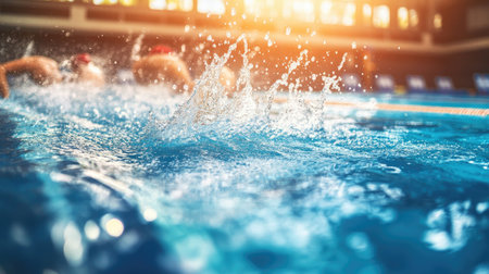 Swimmer diving into the pool at the start of a race, water splashing dramatically.の素材