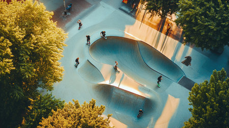Skateboarders practicing tricks in a park, captured from above with ramps and paths visible. -の素材