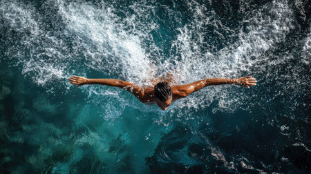 Swimmer performing the butterfly stroke, top-down view with water splashing around.の素材