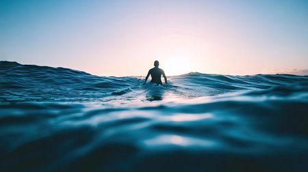 Surfer paddling out to catch a wave, with the ocean stretching out in front.の素材