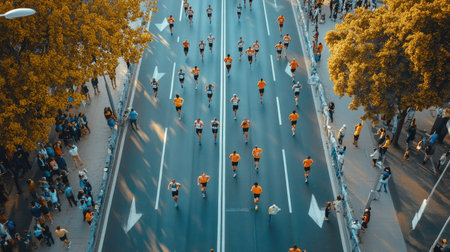 Top view of marathon runners navigating a sharp turn, with a clear road and crowd visible. -の素材