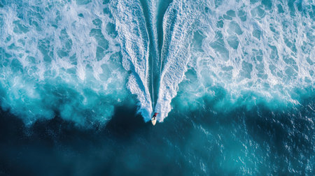 Surfer riding a wave, seen from above with ocean waves stretching out behind.の素材
