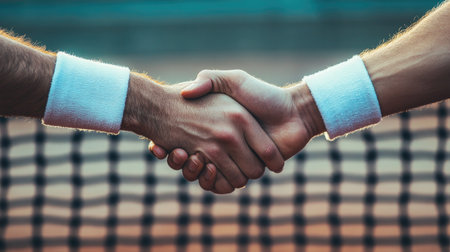 Tennis players shaking hands after a hard-fought match, with the net between them.の素材