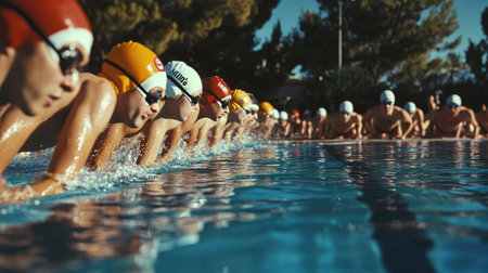 Swimmers lined up in their lanes, poised and ready to dive in at the start of a race.の素材