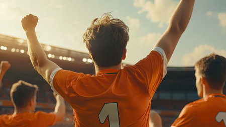 Soccer player celebrating a goal, arms raised in triumph with teammates around.の素材