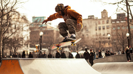 Skateboarder performing a trick in mid-air, with an urban skate park in the background.の素材