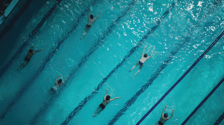 Swimmers racing in an indoor pool, top-down view with lane lines and water ripples.の素材