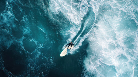 Surfer paddling out into the ocean, top view showing waves and surfboard.の素材