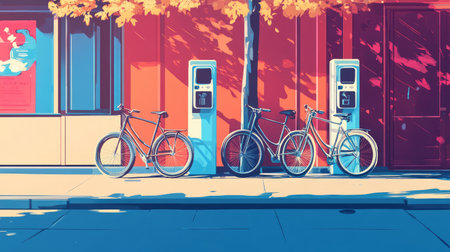Urban bike-sharing station with docked bikes and a vibrant background, leaving room for text.の素材