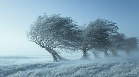 Trees bending in a strong cold wind with a clear sky providing room for text.の素材