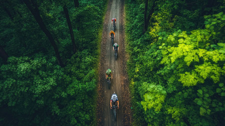 Top view of cyclists riding through a forested trail, with trees on either side.の素材