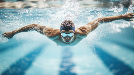 Swimmer doing the butterfly stroke in a pool, with clear lane lines and splashes.の素材