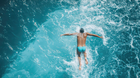 Swimmer backstroking across the pool, captured from above with water splashing.の素材