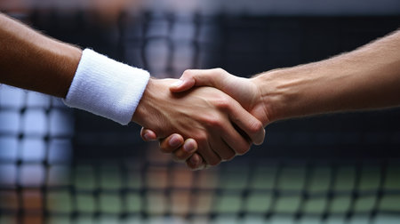Tennis players shaking hands after a hard-fought match, with the net between them.の素材