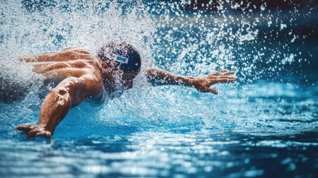 Swimmer performing a flip turn in a race, water splashing as they push off the wall.の素材