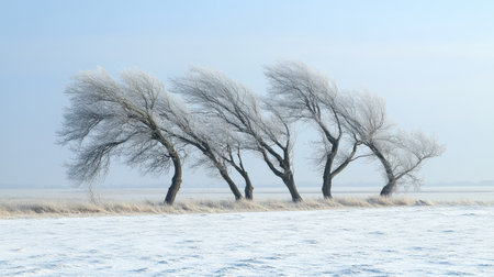 Trees bending in a strong cold wind with a clear sky providing room for text.の素材