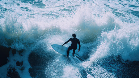 Surfer paddling out to sea, waves crashing in the background.の素材