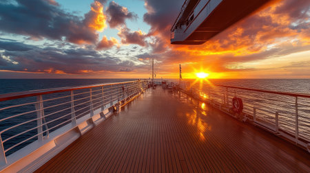 Sunset over a cruise ship deck, with space in the glowing sky for copy. -の素材