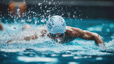 Swimmer diving into a pool at the start of a race, with splashing water from above.の素材