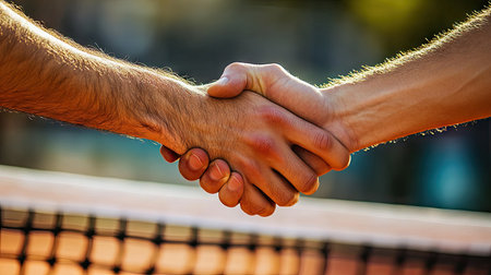 Tennis players shaking hands after a hard-fought match, with the net between them.の素材