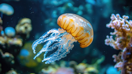 Jellyfish swimming calmly in an aquarium, with room for copy in the backgroundの素材