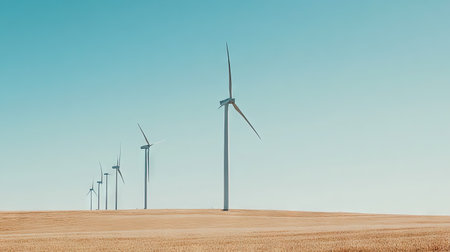 A row of wind turbines in a field with a vast, clear sky above for adding copy.の素材
