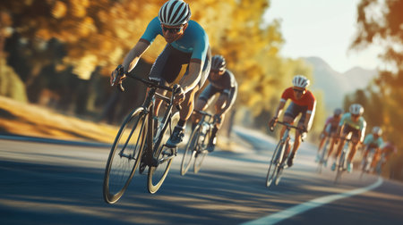 Cyclists drafting each other in a road race, focused on speed and endurance.の素材