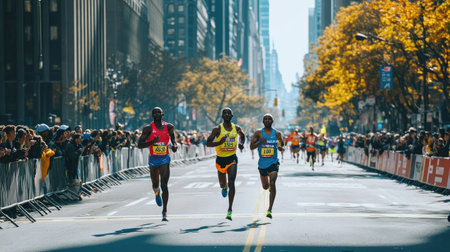 Marathon runners crossing the finish line, exhausted but triumphant.の素材