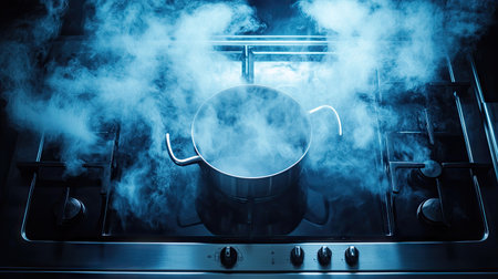 A stovetop with a pot simmering and plenty of space around for copy or text.の素材