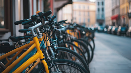 A row of bicycles parked neatly in a bike-sharing station, with a clear street view for copy.の素材