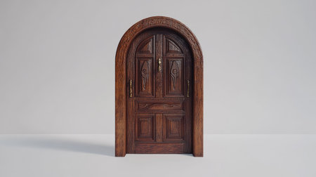 Explore a stunning 3D illustration of a dark wood door, featuring intricate arch design and detailed craftsmanship. Perfect for interior or architectural concepts.の素材
