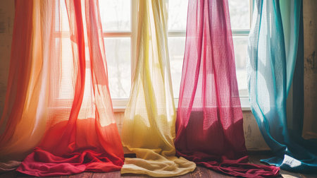 Vibrant curtains in warm colors drape gracefully by an isolated window, creating a serene and inviting atmosphere perfect for any interior space.の素材