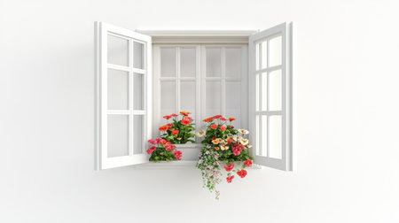 Bright and charming 3D rendering of an open window adorned with vibrant flower pots, creating a refreshing and inviting atmosphere perfect for any interior space.の素材