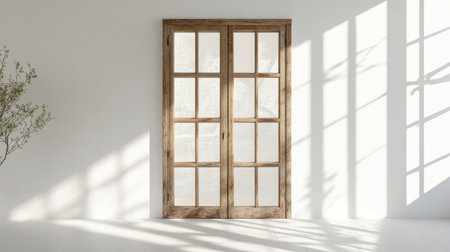 A charming wooden window offers a rustic touch, casting beautiful shadows and light across a serene and minimalistic interior space. Perfect for home decor inspiration.の素材