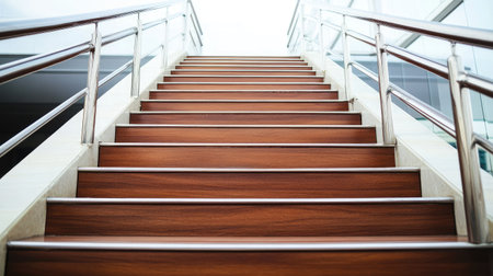 Explore a captivating view of a modern wooden staircase, featuring elegant design and sleek lines. This image showcases the beauty and style of interior spaces.の素材