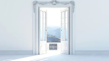 Delight in the beauty of classic open French doors revealing a serene mountain view. This elegant architectural feature enhances any interior space with natural light and inviting aesthetics.の素材