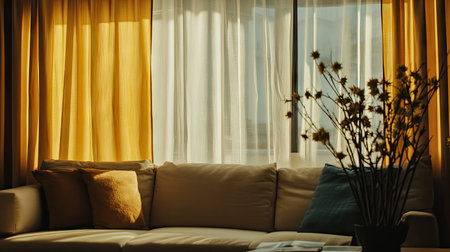 A cozy living room bathed in beautiful natural light, featuring soft curtains and a comfortable sofa. Perfect for creating a warm and inviting atmosphere.の素材