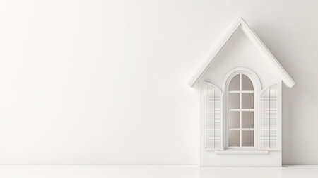 This image showcases a charming cottage style window display, featuring open shutters and a minimalist white frame, perfect for artistic home decor.の素材