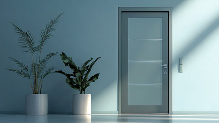 A modern steel door featuring frosted glass adds elegance to any space. Complemented by simple greenery, this scene captures a serene and stylish interior.の素材